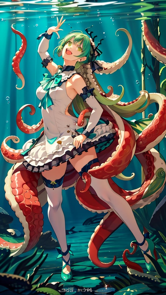 1 girl, alone, hair made entirely of octopus tentacles, including twin tentacle pigtails, smiling with an open mouth, tentacle bangs, white thighs, green dress with ruffles and loose sleeves, bow, full body, standing, green and yellow eyes, very long and abundant green tentacles, wings, green shoes, crossed arms, visible armpits, holding a book and a microphone, bubbles around, underwater theme, ribbon on the leg, singing, Cthulhu