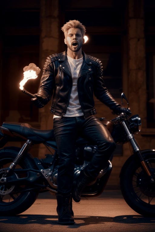 solo, open mouth, blonde hair, gloves, 1boy, male focus, boots, black gloves, armor, chain, fire, ground vehicle, motor vehicle, spikes, skull, motion blur, leather, spiked bracelet, motorcycle, leather jacket, shoulder spikes, biker clothes,OtomeDori
