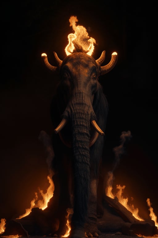 alone, open mouth, black hair, 1 primitive man, dressed in animal leather, male focus, chain of bones, fire, ground vehicle, mammoth, mammoth set on fire, eyes of fire, skull, motion blur, animal leather, mounted on the mammoth