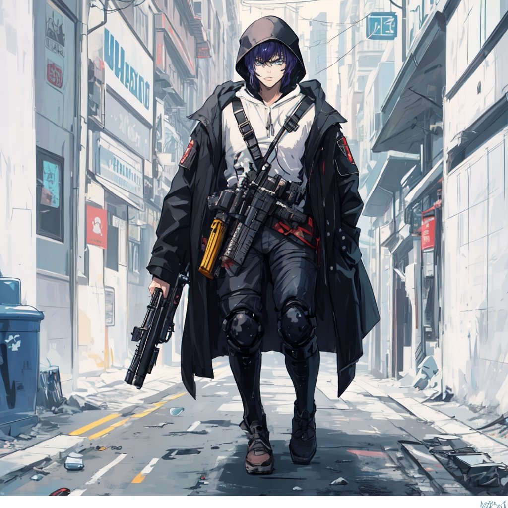 10 foot tall cyberpunk armored robot with a mask. wearing a trenchcoat, walking through alleyway at night holding MP7 MACHINE gun, graffiti,trash,neon,movicomics