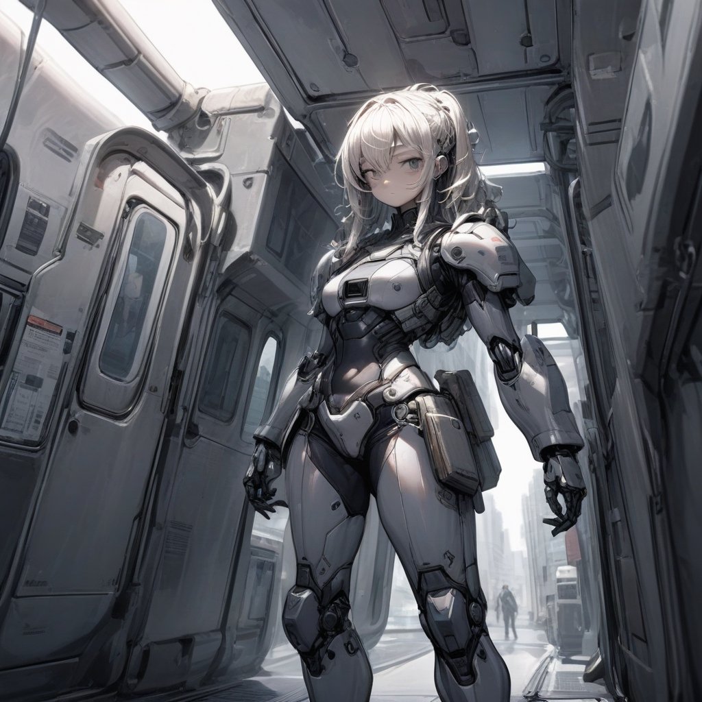 futuristic slender, curly hair, 10 foot tall simple manga inspired female mecha android wearing tech armor full shot, machine gun, subway train background
,chinese ink drawing,dal,Princessdress