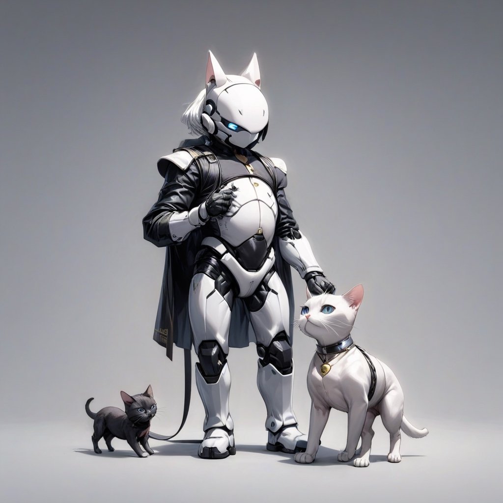 white armored android walking his tuxedo cat on a leash