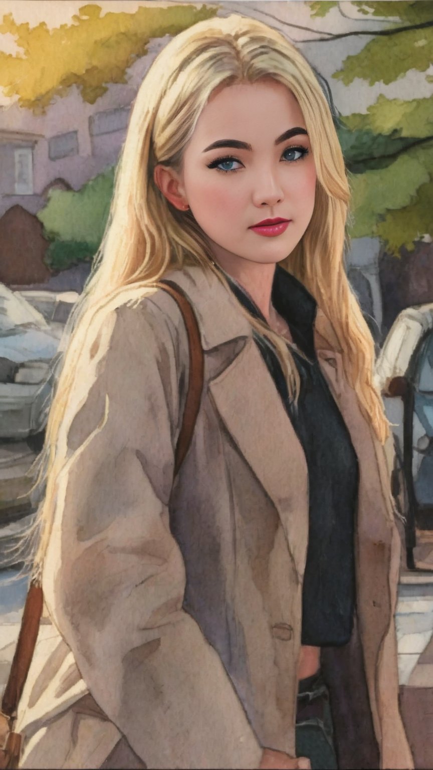 painting of a woman in a trench coat and black shirt, close up portrait, portrait of kim petras, phil noto comic art, a girl with blonde hair, young blonde woman, blonde girl, semi realistic gouache painting, gwen stacy, medium close up portrait, detailed color portrait, phil noto, blonde woman, full close-up portrait, traditional chinese ink painting