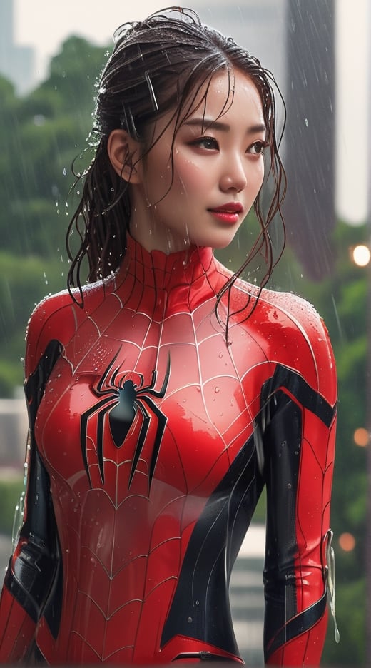 (masterpirce), attractive korean face during heavy rain, a woman in a suit posing for a picture, ( ( spiderwoman ) ), spiderwoman without mask, happy face, red spiderman suit, laminated suit. spiderwoman drenched in the rain, hair drenched in rain, heavy rain, wet clothes, soaked hair, soaked hair, dripping hair, raindrops, clinging clothes, water dripping, black chrome chest plate, abdomen armor, covered abdomen, metal shoulder pads, highly detailed exquisite fanart, alena aenami and artgerm, futuristic style spiderwoman, beautiful digital artwork, spiderwoman!!!, spiderwoman, no mask, without a mask, Extremely Realistic