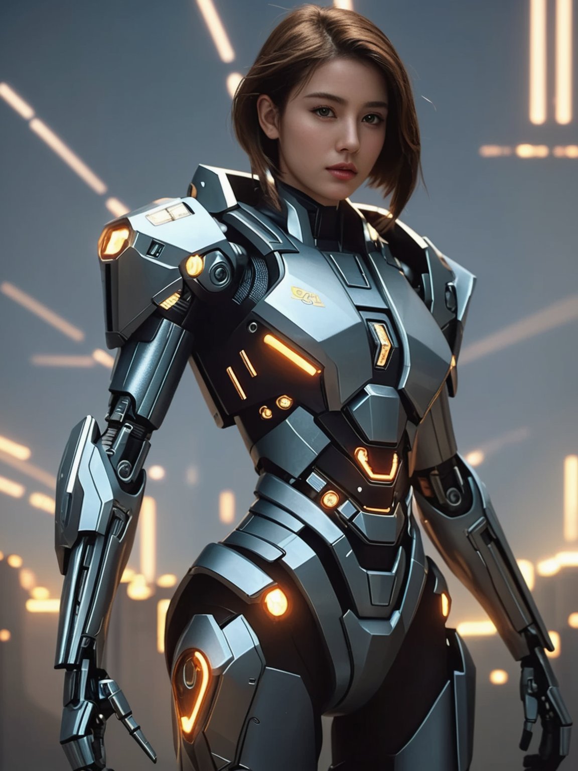 A close-up shot of a stunning woman clad in a sleek, high-tech cyber suit, with metallic components and glowing blue accents, as she gazes directly at the camera. The futuristic background features neon-lit cityscapes, holographic advertisements, and towering skyscrapers. Her mech-like armor appears almost organic, with intricate details and flowing lines. In this 3D render character art, her piercing eyes sparkle beneath a delicate cybernetic visor, as she exudes confidence and strength. Wojtek Fus's beautiful robot design radiates futuristic charm.