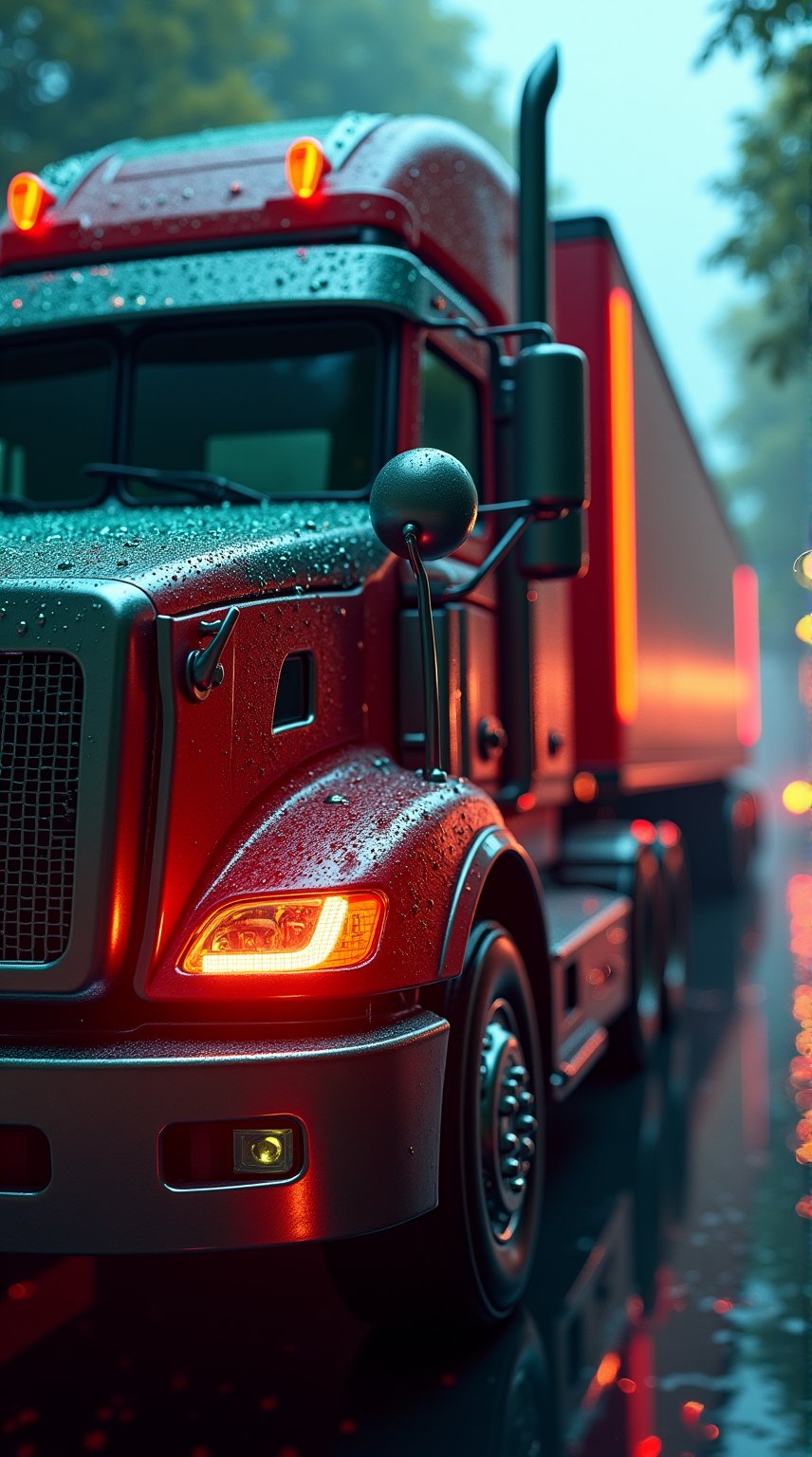  Stunning hyper-realistic gigapixel close-up of a rain-wet futuistic semi-truck, painstakingly rendered using cutting-edge technologies such as Unreal Engine, Octane and NVIDIA Ray Tracing. The truck shows neon lights of red and green, and its windows shimmer with droplets of water, as if they have just been covered with dew in the summer rain. The ethereal stage is bathed in soft, diffused light, creating an atmosphere of calm and wonder. This breathtaking combination of photography and digital art captures the captivating beauty of technology, leaving viewers in awe at its intricate details and mesmerizing visual effects.