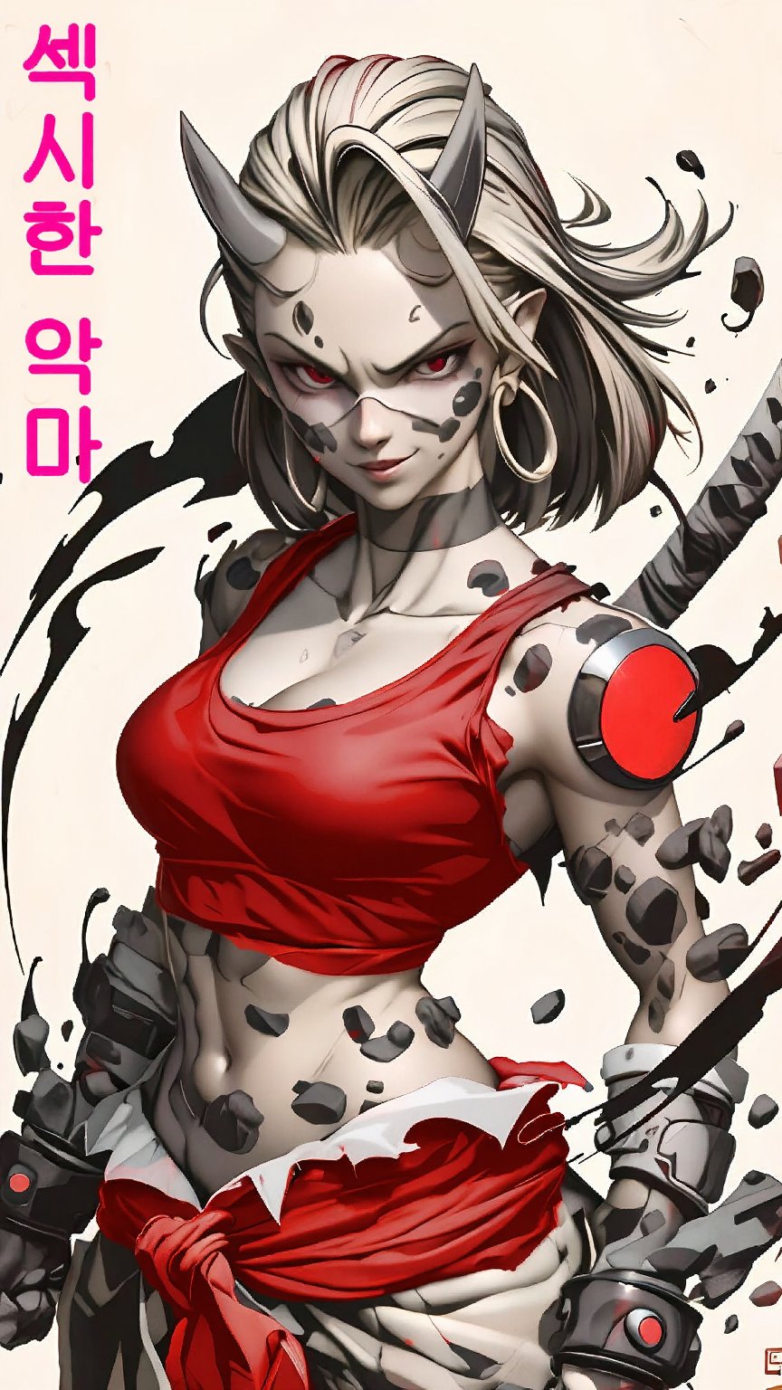 A crimson dress envelops the woman's curves as she grips a gleaming knife in her hand. Shot from a low angle, the camera captures her intense gaze, illuminated by dramatic shadows and soft highlights. The composition is striking, with bold lines and geometric shapes framing her figure. Inspired by ArtGerm style, reminiscent of Jinyoung Shin Art's work.