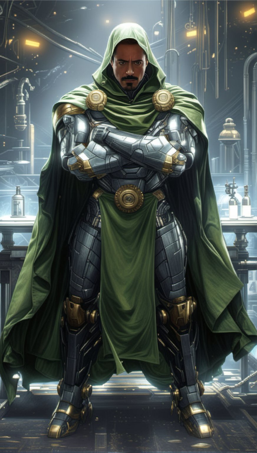 arafed image of a man in a green cloak and armor, cyborg dr doom in ornate armour, robert downey jr as doctor doom, mysterio, metallic green armor, with a green cloak, by Donato Giancola, green armor, by Arthur Pan, green cloak, by Pablo Munoz Gomez, steampunk superhero, hyperdetailed | donato giancola, wearing green cloak