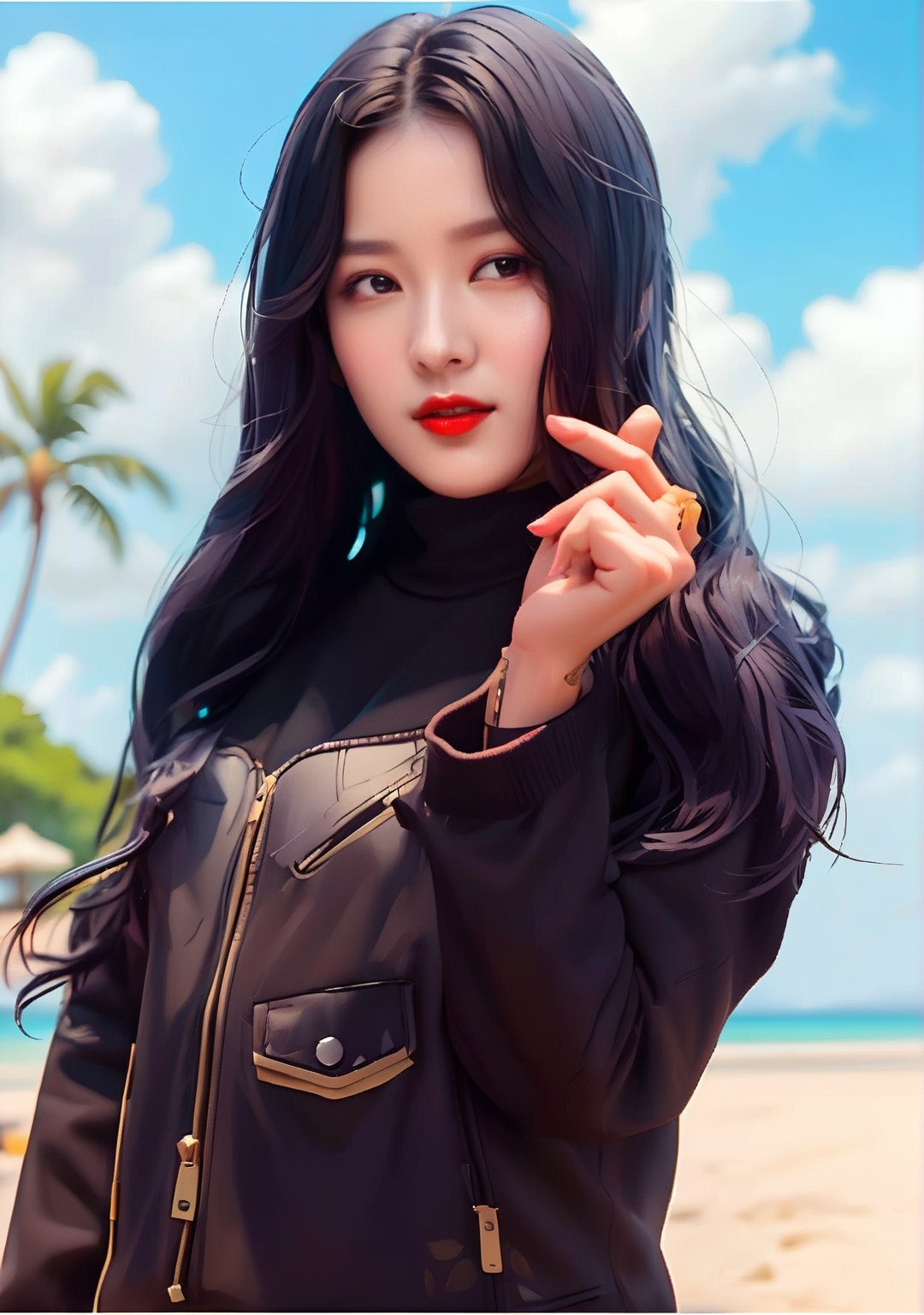 ((Best quality, 8k, Masterpiece :1.3)), top quality, expressive eyes, detailed eyes, perfect face, there is a woman with long black hair and a black jacket, artwork in the style of gangnam, artgerm and atey ghailan, ig model | artgerm, style artgerm, portrait of female korean idol, photorealistic!!!!!!! art style, nancy of MOMOLAND, style of artgerm, extremely detailed artgerm