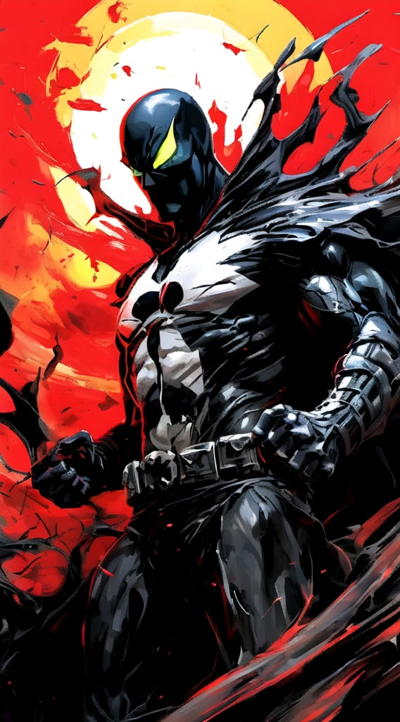 A darkened Gotham Cityscape unfolds in a crimson red haze as Batman crouches low, his eyes fixed intently on the horizon. A bright yellow sun hangs ominously above, casting an eerie glow. Inspired by Mike Deodato's bold lines and Raymond Swanland's cinematic flair, this Batman is shrouded in mystery, his very presence seeming to draw the shadows closer. As The Joker cackles maniacally in the background, Batman's gaze remains fixed, his grip on justice as unyielding as ever.