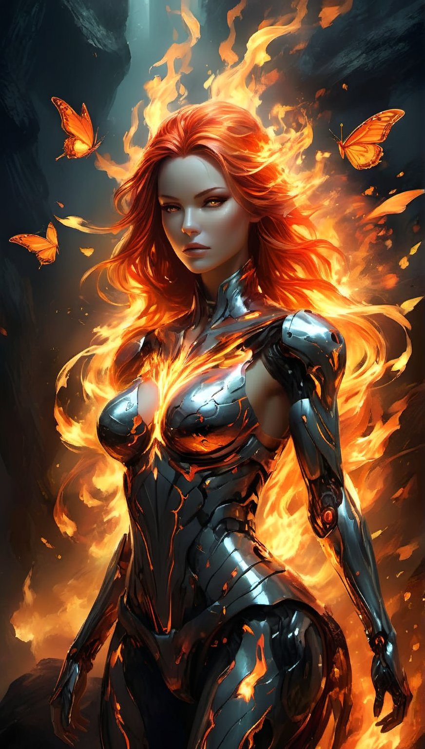 a woman in a black suit with red hair and a flame, style of raymond swanland, inspired by Raymond Swanland, rossdraws and boris vallejo, the butterfly goddess of fire, appears as the fire goddess, artgerm julie bell beeple, she has fire powers, epic exquisite character art, fire goddess, by Raymond Swanland