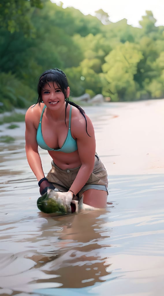 A serene summer scene: A young woman, reminiscent of Lara Croft's athletic physique, wearing a cute tank suit and a pair of shorts, wades into the water. She gazes at her catch, a massive catfish partially submerged in the calm lake. Her grip on the fish's head is gentle yet firm, conveying a sense of pride and accomplishment. The warm sunlight casts a golden glow on her skin, accentuating her toned physique. The surrounding foliage and water's edge create a lush, natural environment, drawing the viewer's eye to the captivating scene.,Bomi,SAM YANG