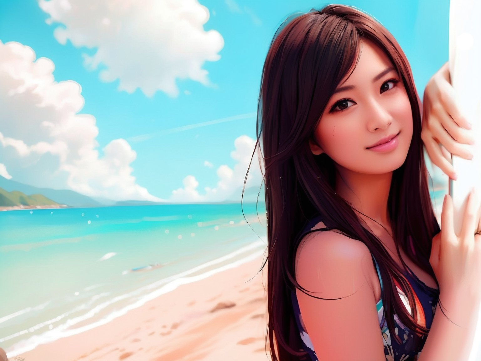 ((Best quality, 8k, Masterpiece :1.3)), top quality, expressive eyes, detailed eyes, perfect face, there is a woman that is standing on the beach with a surfboard, beautiful digital artwork, beautiful digital painting, keiko kitagawa girl portrait, gorgeous digital painting, beautiful digital art, beautiful gorgeous digital art, beautiful japanese girls face, beautiful avatar pictures, keiko kitagawa beautiful girl, beautiful anime girl, beautiful asian girl, japanese girl, beautiful anime woman, very beautiful digital art