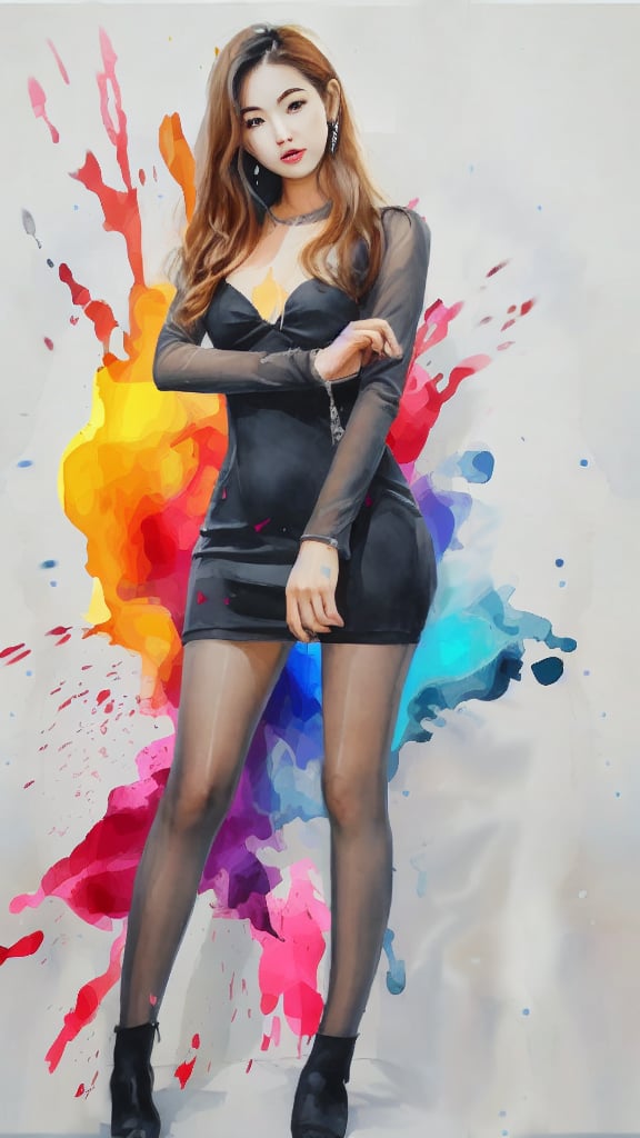 A stunning Jisoo-inspired model poses in a sleek, skintight black dress against a vibrant backdrop of colorful paint splats. Framed by the Gangnam style aesthetic, she strikes a confident pose, showcasing her toned legs and fit physique. Her pretty face is radiant under subtle lighting, highlighting her sharp jawline and bright eyes. The tight outfit accentuates her curves, as she stands tall with an air of elegance and sophistication, evoking the essence of Korean women's fashion.