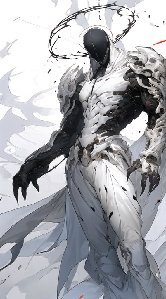 A majestic figure emerges from the shadows, clad in resplendent white and black armor, reminiscent of Raymond Swanland's epic illustrations. The male god of death strikes a powerful pose, his radiant skin glowing against the darkened backdrop. In the style of Yang Jin, Shen Zhou, and Zhou Chen, this stunning concept art captures the essence of Moon Knight, as Alexandre Ferra's white mecha looms in the distance, adding an air of mystique to the scene.