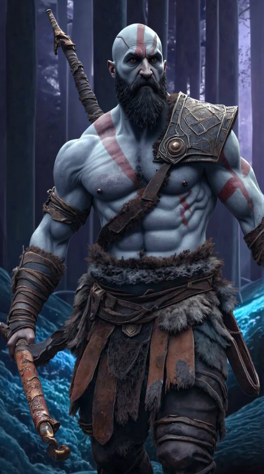 Dwayne Johnson's rugged face, weathered by time and battle scars, fills the frame as Kratos. His piercing gaze meets the camera's lens, his eyes burning with a fierce determination. The sword, an extension of his unyielding will, hangs at his side in a rocky outcropping, the harsh landscape mirroring the turmoil within.