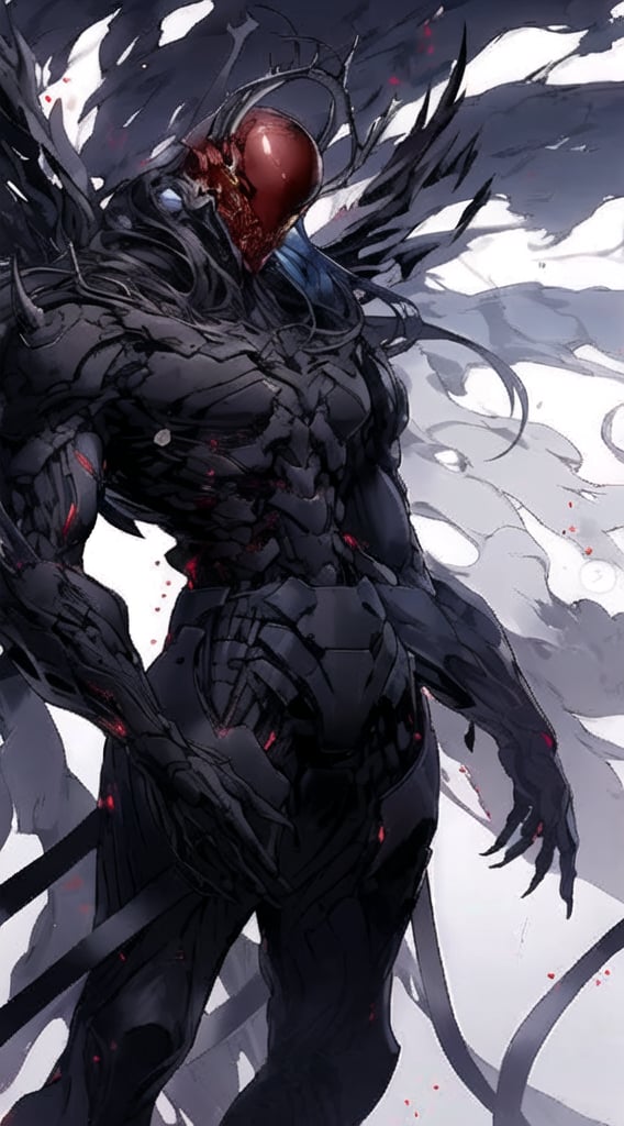 A futuristic, dark-lit scene depicts an anime alien character, 'Cybro-X', standing atop a ruined cityscape. Red helmet and black body armor adorn the cyborg's torso, while red-tinted scales glisten on its face. Advanced digital art, reminiscent of Raymond Swanland and Tsutomu Nihei's styles, showcases intricate details. In the background, a massive black mecha rises from the rubble, as if about to engulf the city. The alien's pose exudes determination, with symbiote tendrils wrapping around its arms. By Shen Zhou and Yang J, this detailed digital anime artwork masterfully blends sci-fi elements and dark fantasy.