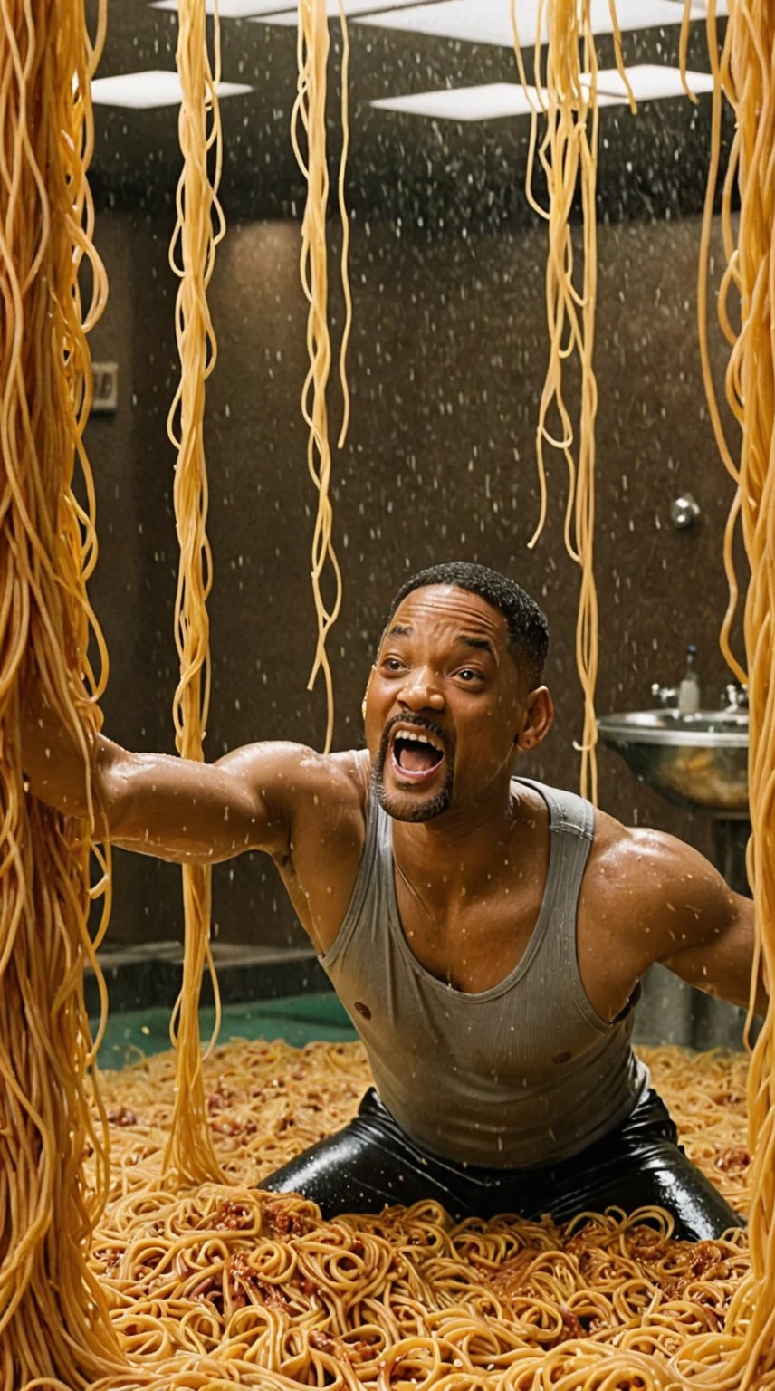 Close-up shot of Will Smith's determined face as he plunges into a sea of swirling spaghetti. The camera spins to reveal a vast room filled with tangled noodles, the walls and floor disappearing from view. Spaghetti flows like a liquid around him, the sound design amplifying the slurping and splashing. Will's arms stroke through the mess, his eyes fixed on some unseen goal. The framing captures the absurdity of the scene, while the lighting highlights the gleam in his eye.