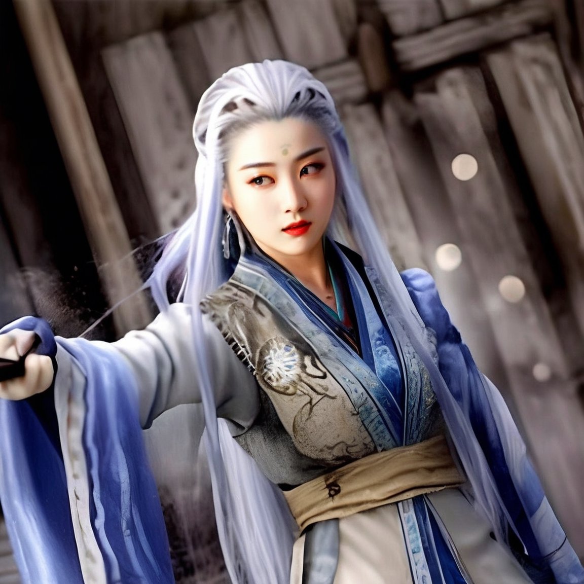 ((Best quality, 8k, Masterpiece :1.3)), top quality, expressive eyes, detailed eyes, perfect face, 32K（tmasterpiece,k hd,hyper HD,16k）Flowing long white hair,Backroom pool,zydink, a color,  Asian people （Dancer）, （Silk scarf）, Combat posture, looking at viewer, long white hair, Floating hair, Hanfu, Chinese clothes, longer sleeves, （abstract ink splash：1.2）, white backgrounid,Kirin Beast Protector （realisticlying：1.4）,,Snowflakes fluttering,The background is pure, A high resolution, the detail, RAW photograph,  Nikon D850 Film Stock Photo by Jefferies Lee 4 Kodak Portra 400 Camera F1.6 shots, Rich colors, ultra-realistic vivid textures, Dramatic lighting, Unreal Engine Art Station Trend, cinestir 800,