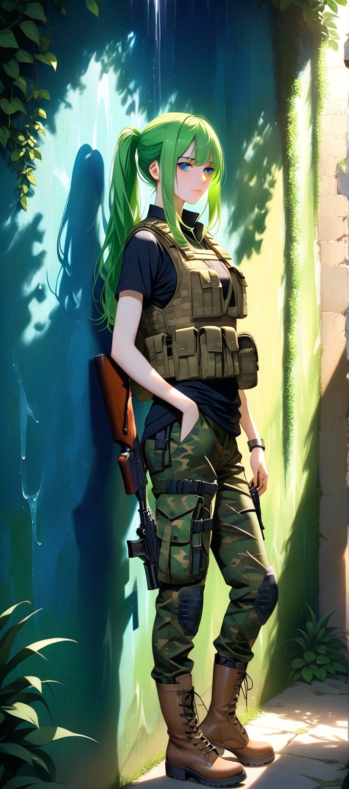 A woman's unyielding determination fills the frame as she leans against a worn wall, an AK-47 automatic rifle ia always at the ready in her firm grip. Her green ponytailed hair cascades down her back like a verdant waterfall, a striking contrast to her pale skin and rugged attire: bulletproof vest, black shirt, camouflage pants, and military boots. Dim blue lighting casts shadows across her face, accentuating camouflage makeup that emphasizes her unwavering expression.