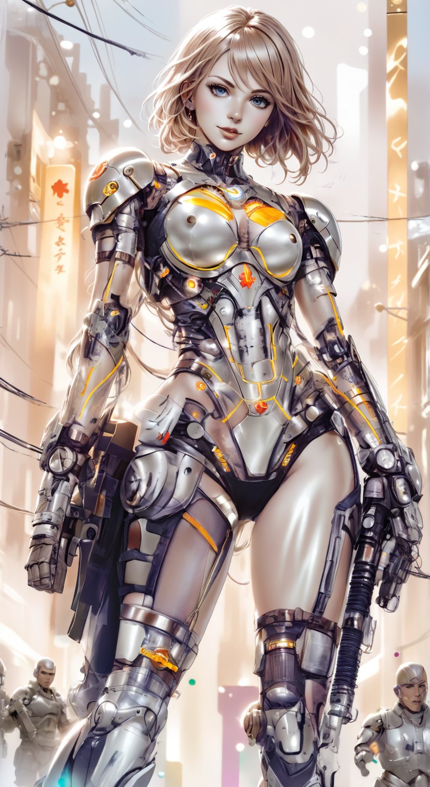 Cybernetic arm and glowing cyber girl standing victorious on a post-apocalyptic cityscape battlefield, surrounded by a web of circuits and wires. She wears a sheer, revealing costume with orange and brown stripes, her glossy hair styled in a stylish shorthair cut. A cute smile spreads across her perfect round face, radiating happiness. With a submachine gun at the ready, she poses confidently, showcasing beautiful hands, fingers, and facial features. Professional lighting casts realistic shadows, highlighting intricate details from head to toe. In this dreamy, high-resolution image, every feature is meticulously rendered, making for a stunning masutepiece.