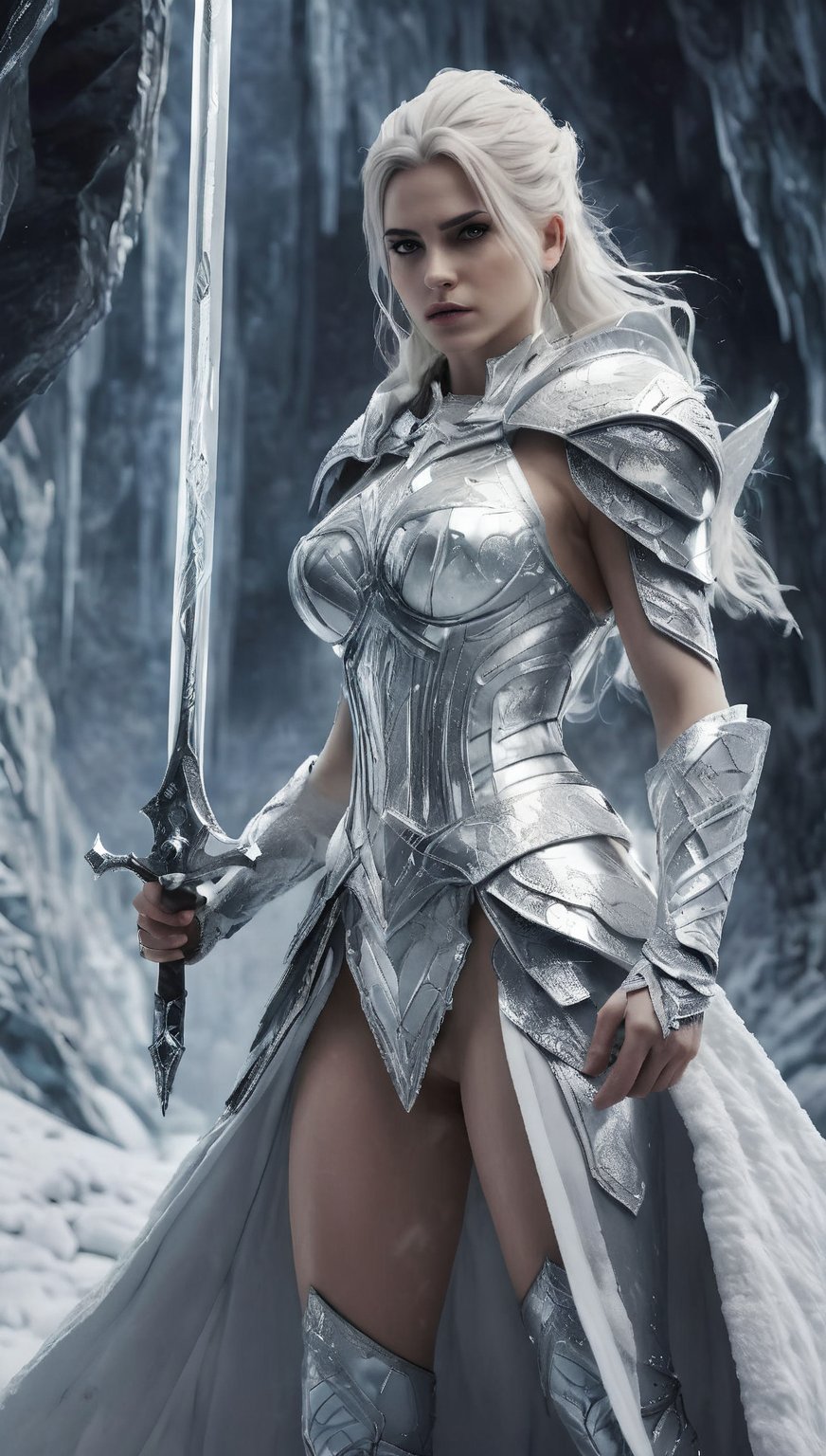 (masterpiece, 4K ,Super detailed:1.2), (3D anime), (Perfect quality), (anger),  (high contrast), (full body close up), (((Adult body))), The whole body is shown, View Viewer, Holding a giant wide blade sword, Adult women, tall, white hair, Full Body Art, Futuristic Knight, full plate diamond decorated armor, flowing white Cape, Perfect detail, 3D render, Desperate look, Ice Queen, Ultra violent women, Powerfully And Muscular, against a Ice Cave with blizzard background