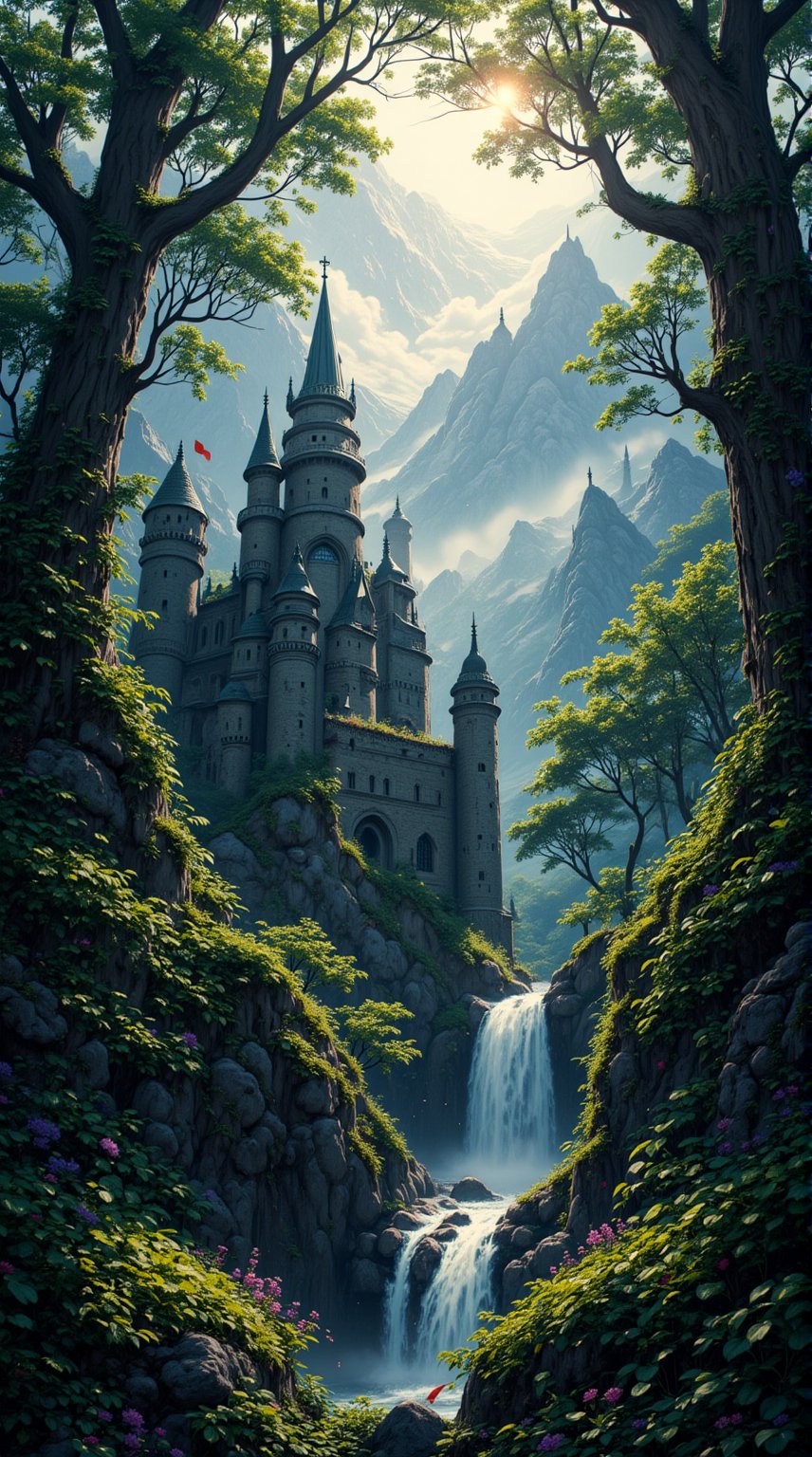 masterpiece, uhd, absurdres, 8K, A majestic castle stands proudly with moss-covered rocks in a lush forest. Towering trees, their trunks adorned with vines and epiphytes, stretch towards the sky as ferns and wildflowers dance in the misty veil. The lighting is soft and mystical, with shafts of sunlight filtering through the canopy above. In the distance, misty mountains rise into the clouds, while the forest floor is carpeted with a tapestry of moss and leaves. The composition is balanced by the waterfall's central axis, drawing the viewer's eye towards the serene atmosphere.