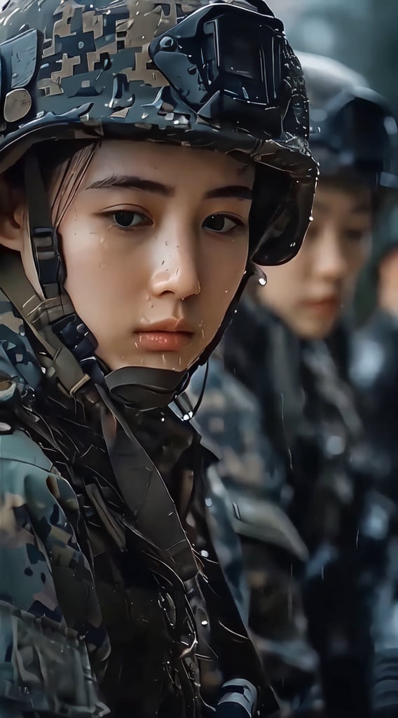 A serene atmosphere after the rain, with a line of uniformed individuals standing at attention. In the center, Dilraba Dilmurat, a stunning mechanized soldier girl, exudes confidence and poise. Her facial features are accentuated by subtle lighting, highlighting her bright smile. Cheng Yi and Cai XuKun stand proudly beside her, all dressed in realistic military attire, with perfect composure. The camera captures a 4K portrait of this adorable infantry girl, showcasing her cute charm as she stands at ease, ready for duty.