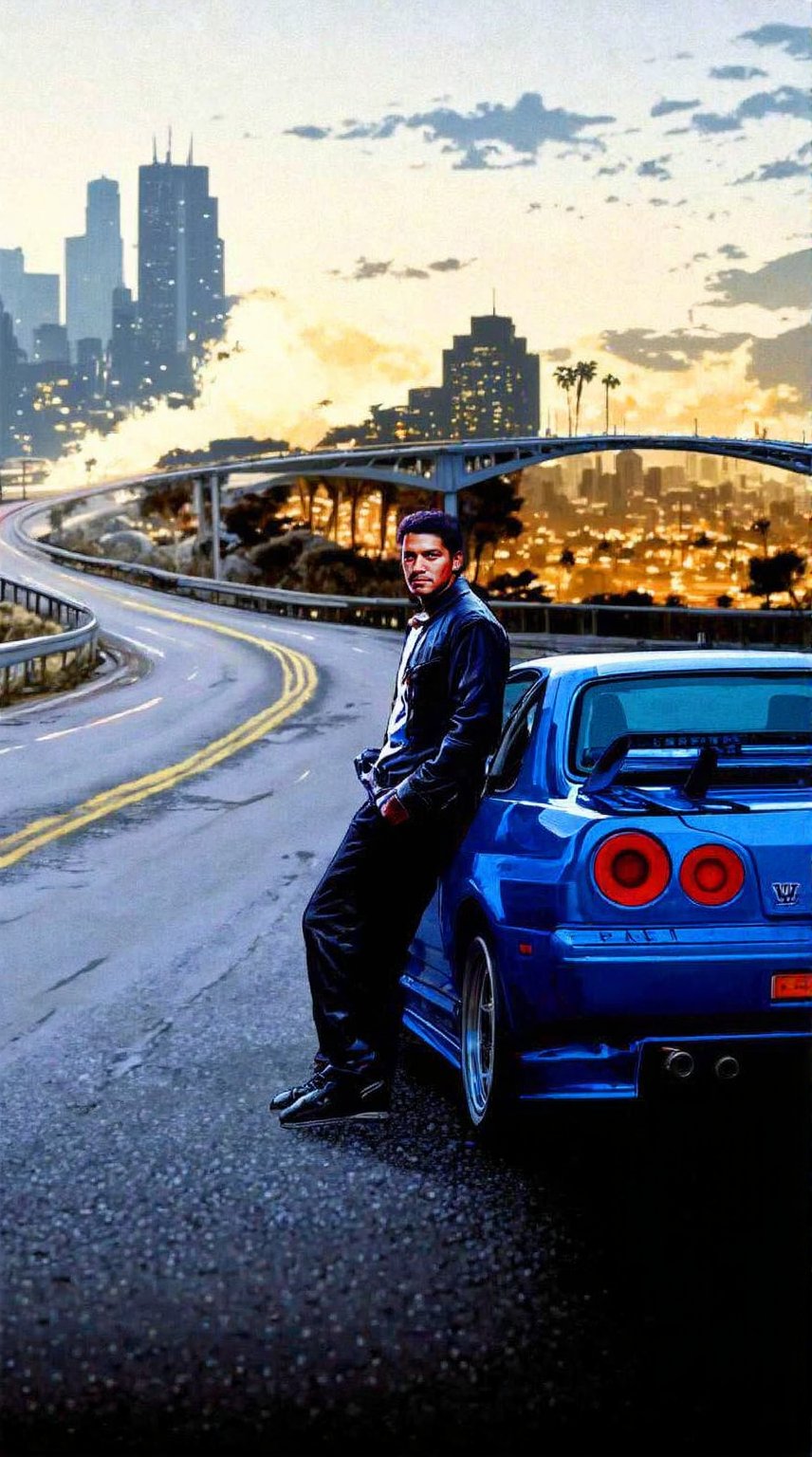 Paul Walker as Bryan o'Connor standing next to a blue Nissan Skyline on the road, 2d game art gta cover, 2 d game art gta cover, need for speed, gta art, skyline in back, style of gta v artworks, inspired by James Gurney, gta artstyle, gta v poster style, gta art style, in a modified nissan skyline r34, hd wallpaper,A stylized illustration of a character from Grand Theft Auto,shadow,San Andreas,poster text "'GRAND THEFT AUTO''SAN ANDREAS'"