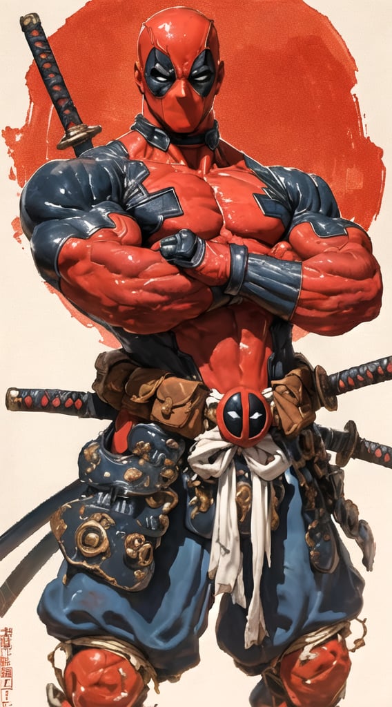 Against a crimson sun-kissed background, Deadpool stands proudly in a majestic portrait. Wielding two gleaming swords at his sides, the Merc with a Mouth dons full samurai armor, reminiscent of Kanō Hōgai's brushstrokes. Inspired by Joe Madureira and Rob Liefeld's iconic 90s comic book designs, this Mandalorian Deadpool exudes confidence. His red-tinted visage beams with mischief, as if ready to slice through reality itself.