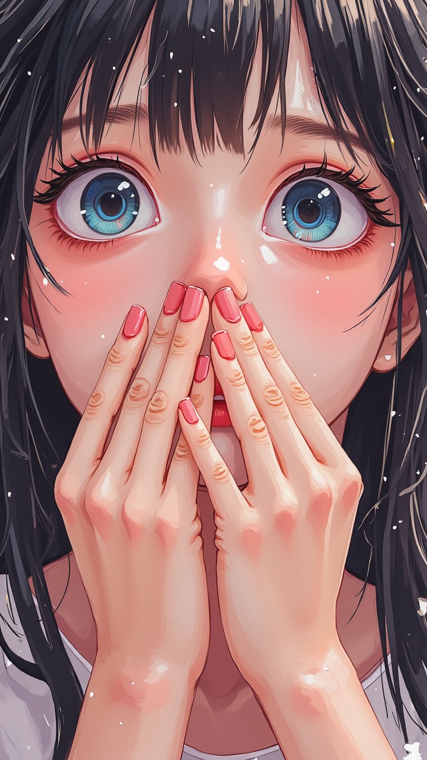 manga style digital artwork, close-up of two hands covering both mouth, eyes opened wide in surprise