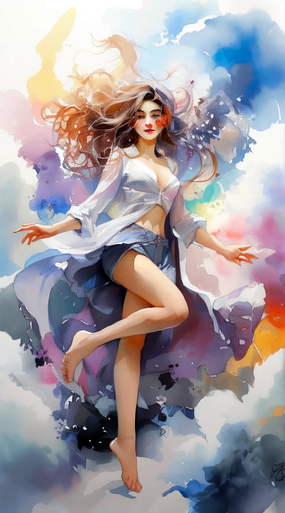 a painting of a woman in a white dress is flying through the air, beautiful character painting, style of artgerm, artgerm colorful!!!, style artgerm, artgerm style, rossdraws pastel vibrant, lois van rossdraws, style of karol bak, karol bak uhd, beautiful digital artwork, beautiful gorgeous digital art