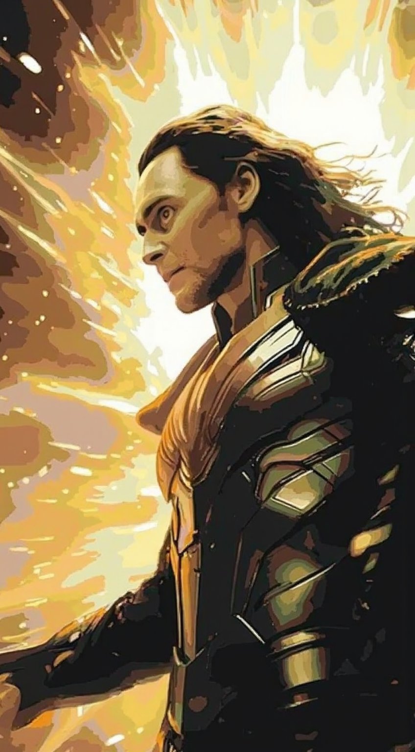 Loki's Mischief: A majestic portrait of Jon Tron (Tom Hiddleston) as Loki, God of Mischief, clad in Asgardian armor and holding a sword, with godly radiance illuminating his face. Framed against a dark background, Loki's piercing gaze seems to pierce the veil between worlds. The still-life echoes the cinematic magic of Marvel's Thor: Ragnarok and the character's iconic appearances in the Avengers franchise.