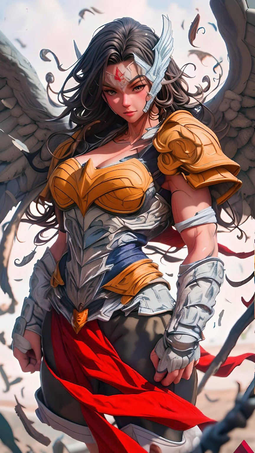 A close-up shot of an angelic knightess, adorned with intricately detailed plastic armor and majestic wings, as she wields a sword in her hand. The framing is tight, focusing on the subject's determined expression and gleaming armor. Soft, golden lighting illuminates her features, casting subtle shadows on her cheeks and nose. In the background, a blurred cityscape or celestial landscape adds depth to the composition. The subject's wings are spread wide, with feathers ruffled by an invisible breeze, as if she's about to take flight. Her gaze is fierce, radiating strength and determination.