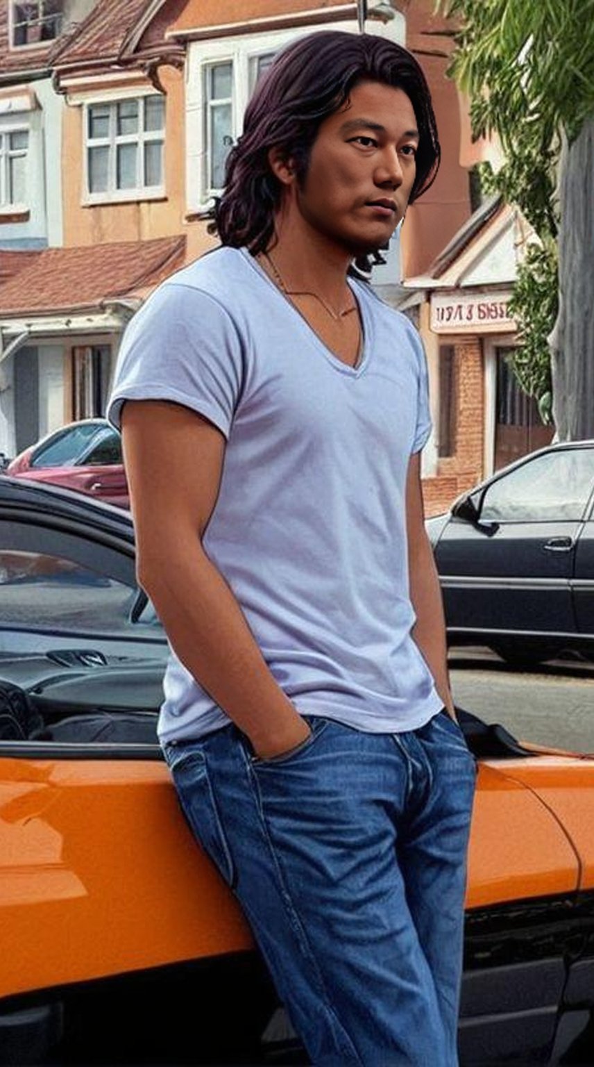 actor Sung Kang a Han leaning on the side of a of a car in a city, street pic, profile shot, taken in the early 2020s, frank dillane, mid-shot of a hunky, handsome Han, inspired by Jorge Jacinto, close up half body shot, looking hot, profile image 2 d game art gta cover, need for speed, gta art, skyline in back, style of gta v artworks, inspired by James Gurney, gta artstyle, gta v poster style, gta art style, in a modified nissan skyline r34, hd wallpaper,A stylized illustration of a character from Grand Theft Auto,shadow,San Andreas,poster text "'GRAND THEFT AUTO''SAN ANDREAS'"