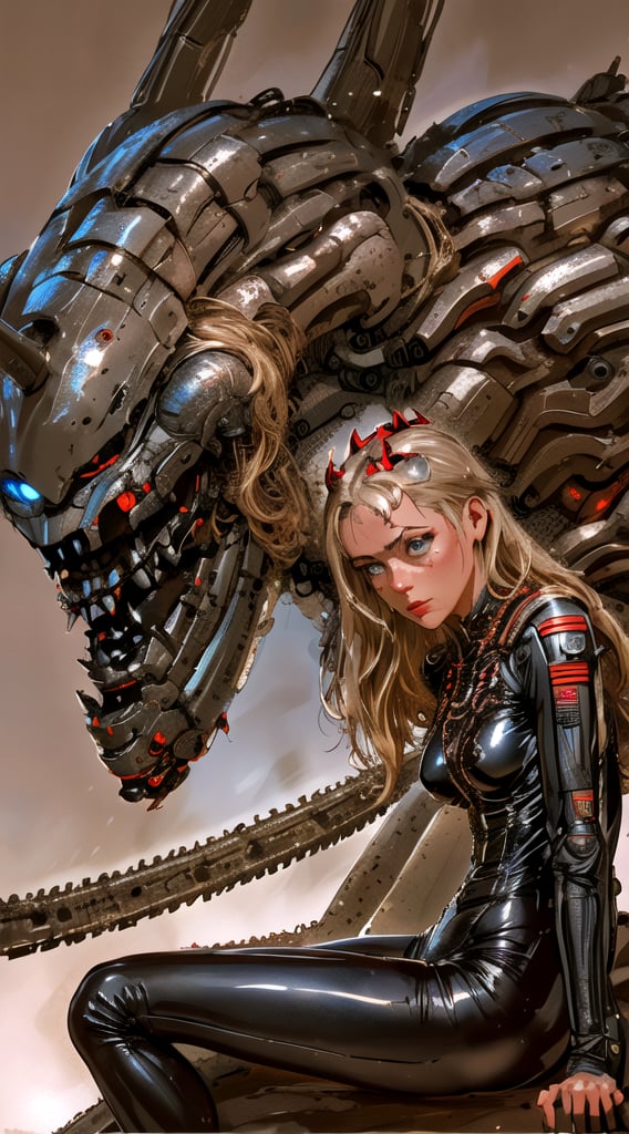 In a dark, gritty atmosphere, a stunning blonde woman dons a black leather outfit as she sits astride a massive metal dragon. The dragon's scales glisten in the dim light, its wings spread wide. Wojtek fus-inspired mechanical limbs adorn her arms and legs. Her cybernetic armor, reminiscent of Girl in Mecha, reflects the surrounding shadows like Fenghua Zhong's metallic hues. Alena Aenami-esque textures cover the dragon's surface. Android Jones' futuristic flair infuses the scene, as if Ryan Barger's dark fantasy had come to life. The image trends on CGSociety, with a UHD finish by Karol Bak.