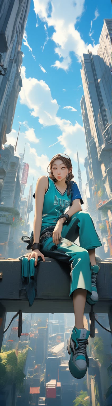 A stunning 8K wallpaper featuring a photorealistic close-up of a gorgeous Korean woman sitting on a ledge, surrounded by the urban landscape of towering buildings. She's dressed in a teal-hued streetwear outfit, complete with a bold basketball jersey and athletic-inspired accessories. Her pretty face is aglow, as she strikes an attractive pose with her arms and legs subtly framed against the blue-gray sky. The building in the background provides a striking contrast to her casual yet fashion-forward attire, making for a truly breathtaking image that overframes itself.