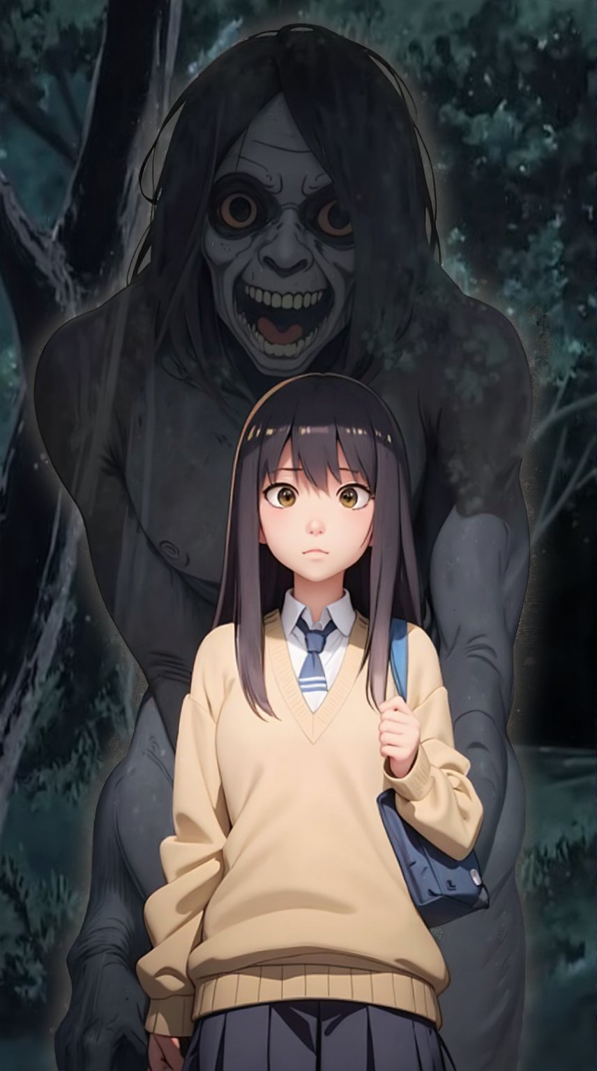 A giant forest demon towers behind a bespectacled anime girl in a crisp school uniform, her slender frame and innocent expression juxtaposed against the monstrous behemoth. Her eyes gleam with a mix of fascination and trepidation as she gazes up at the creature's imposing form. Realistic anime 3D style prevails, with detailed textures and subtle lighting effects capturing every nuance of this grimdark scene.