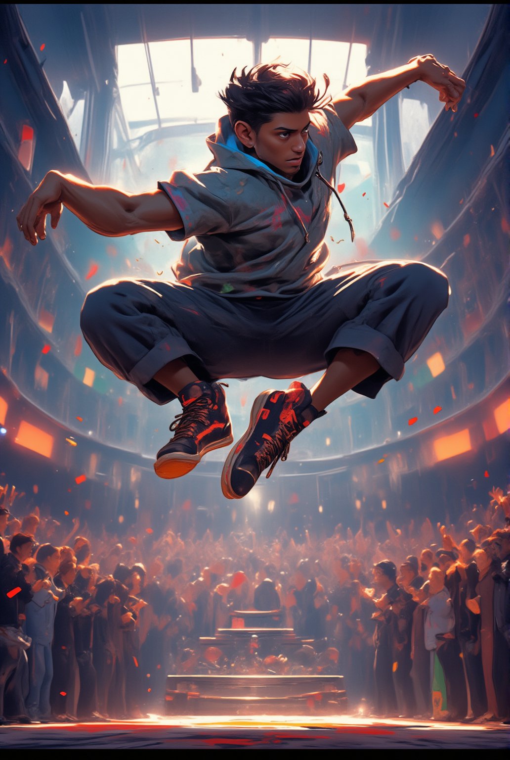 A high-definition masterpiece captures a dynamic breakdancer in mid-air, suspended by the intensity of his movements. Dressed in baggy streetwear and vibrant sneakers, She exudes concentration as She executes a flawless pose against a graffiti backdrop. The urban street style setting is bathed in volumetric lighting, complete with lens flare and particles, emphasizing the dancer's intense expression and beautiful, detailed eyes. A cheering audience erupts into applause on the breakdance battle stage, surrounded by super fine textures and realistic depth.