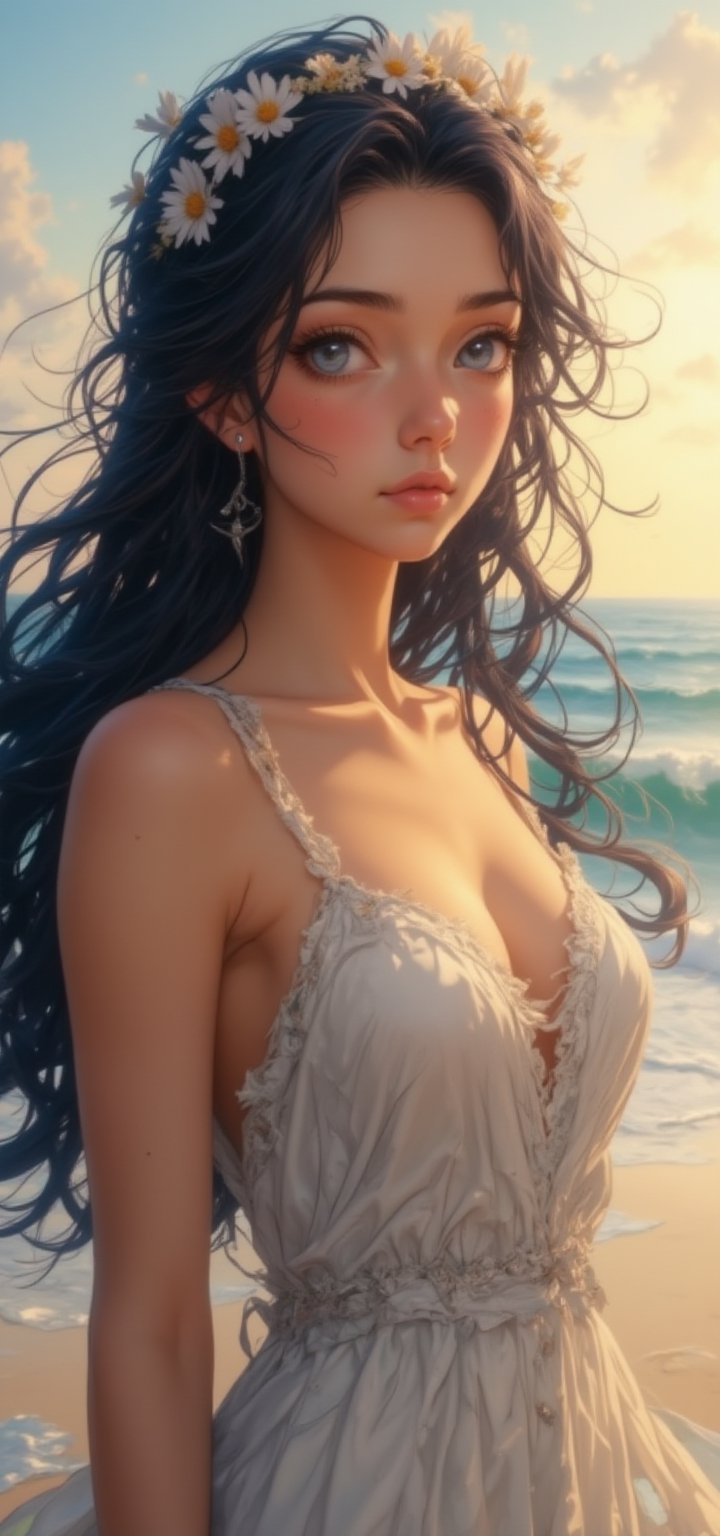 A serene woman with deep blue eyes and long, flowing hair decorated with a crown of daisies. She is dressed in a simple, white cotton dress. The background shows a blurred beach scene with gentle waves and a golden sunset.,Shinobu_RT_flux