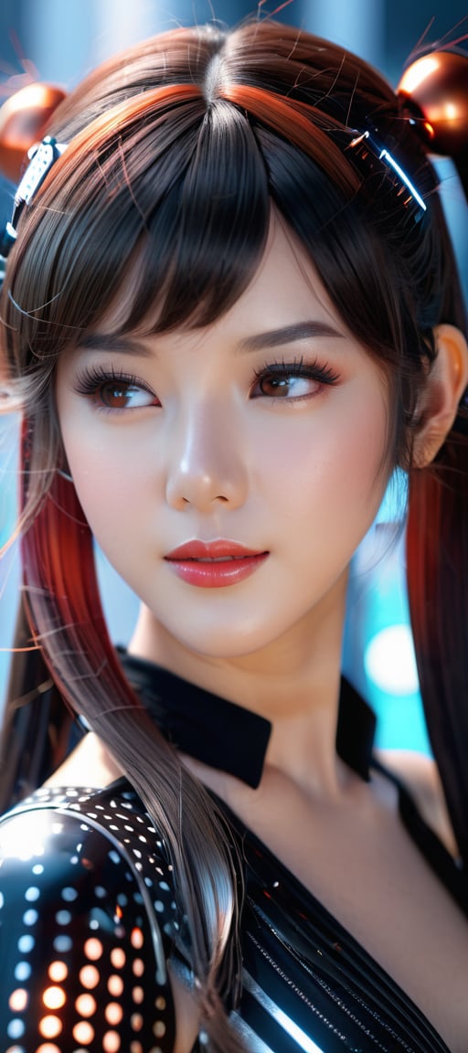 (best quality,8K,highres,masterpiece,raw image), ultra-detailed, 1girl, solo, long wavy hair, twintail hairstyle, looking at viewer, a woman wears and wears black dots on her head, in the style of futuristic fantasy, 3d, metallic sculpture, elegant, emotive faces, dark Orange and red and light silver, glow, algorithmic artistry, high resolution, muted color, pastel color, low contrast,maya2