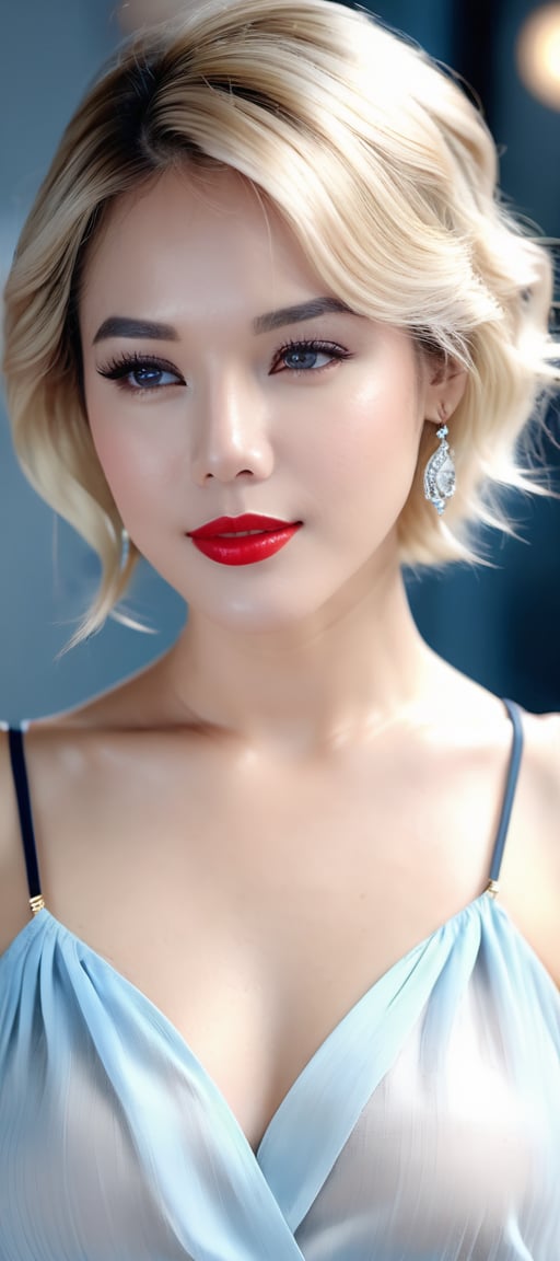 (best quality,8K,highres,masterpiece,raw image), ultra-detailed, pencil Sketch of a woman, with blonde short hair, wavy hair, alluring, portrait in ink drawing, illustrative art, soft lighting, detailed, more Flowing rhythm, elegant, low contrast, add soft blur with thin line, red lipstick, blue eyes, 4K, 8k HD, high quality, OceanGoddess,1 girl, bracelet, muted color, pastel color, low contrast,maya2