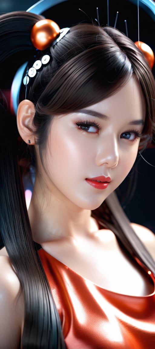 (best quality,8K,highres,masterpiece,raw image), ultra-detailed, 1girl, solo, long wavy hair, twintail hairstyle, looking at viewer, a woman wears and wears black dots on her head, in the style of futuristic fantasy, 3d, metallic sculpture, elegant, emotive faces, dark Orange and red and light silver, glow, algorithmic artistry, high resolution, muted color, pastel color, low contrast,maya2