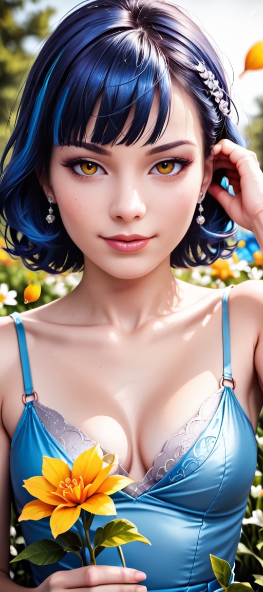 CoG_v2, (photo realistic:1.8), RAW, ((masterpiece, best quality)), (((best quality, 64K, high resolution, masterpiece: 1.3))), bokeh,1 woman, solo, 23 year old, (((pale_skin:1.6))) ivory porcelain pale white skin, ((slim hourglass figure)) (huge boobs:1.3), ((seductive pose:1.6)), (photorealistic: 1.4), (((muted color))), A captivating digital art portrait of a young woman surrounded by a vibrant array of flowers. Her wavy, dark blue hair with bangs frames her face, blending seamlessly with the floral elements around her. The flowers, in shades of orange, blue, and white, create a striking contrast against her pale skin. She gazes directly at the viewer with an intense, almost ethereal expression. The intricate details of the petals and leaves intertwine with her hair, giving the impression that she is one with nature. The overall composition is both delicate and dramatic, evoking a sense of mystery and enchantment. ELIGHT, JeeSoo,HZ 