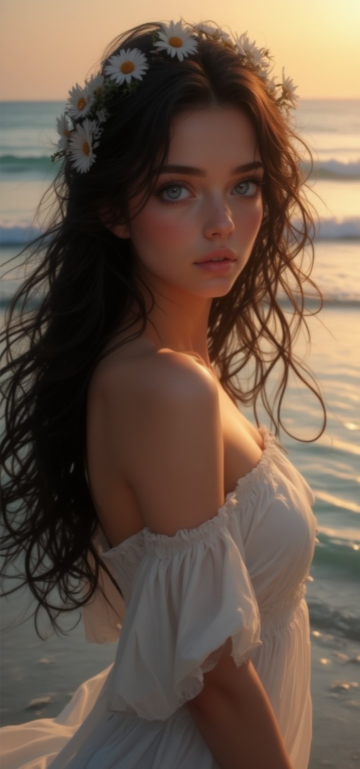 A serene woman with deep blue eyes and long, flowing hair decorated with a crown of daisies. She is dressed in a simple, white cotton dress. The background shows a blurred beach scene with gentle waves and a golden sunset (dark background).,Shinobu_RT_flux