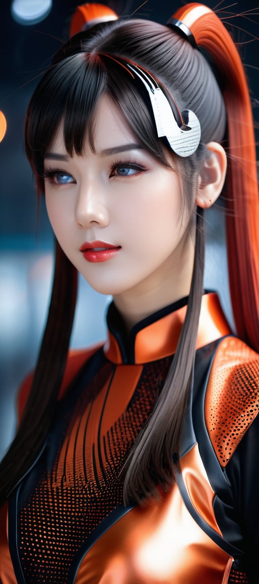 (best quality,8K,highres,masterpiece,raw image), ultra-detailed, 1girl, solo, long hair, twintail hairstyle, looking at viewer, a woman wears and wears black dots on her head, in the style of futuristic fantasy, 3d, metallic sculpture, elegant, emotive faces, dark Orange and red and light silver, glow, algorithmic artistry, high resolution, muted color, pastel color, low contrast,