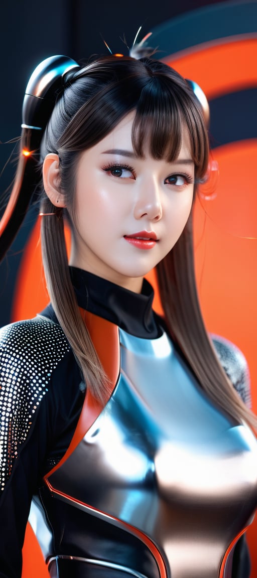 (best quality,8K,highres,masterpiece,raw image), ultra-detailed, 1girl, solo, long wavy hair, twintail hairstyle, looking at viewer, a woman wears and wears black dots on her head, in the style of futuristic fantasy, 3d, metallic sculpture, elegant, emotive faces, dark Orange and red and light silver, glow, algorithmic artistry, high resolution, muted color, pastel color, low contrast,maya2