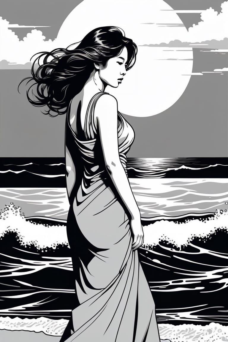 (((rich emotional,black ink))), maya2, (full body:1.3), (((Iconic art illustration but extremely beautiful))) (((monochrome,grayscale,masterpiece))) (((Simple ocean background))) (((elegant,gorgeous,voluptuous))) (((rich emotional,black ink))) (((by Kim Jung Gi style))), 