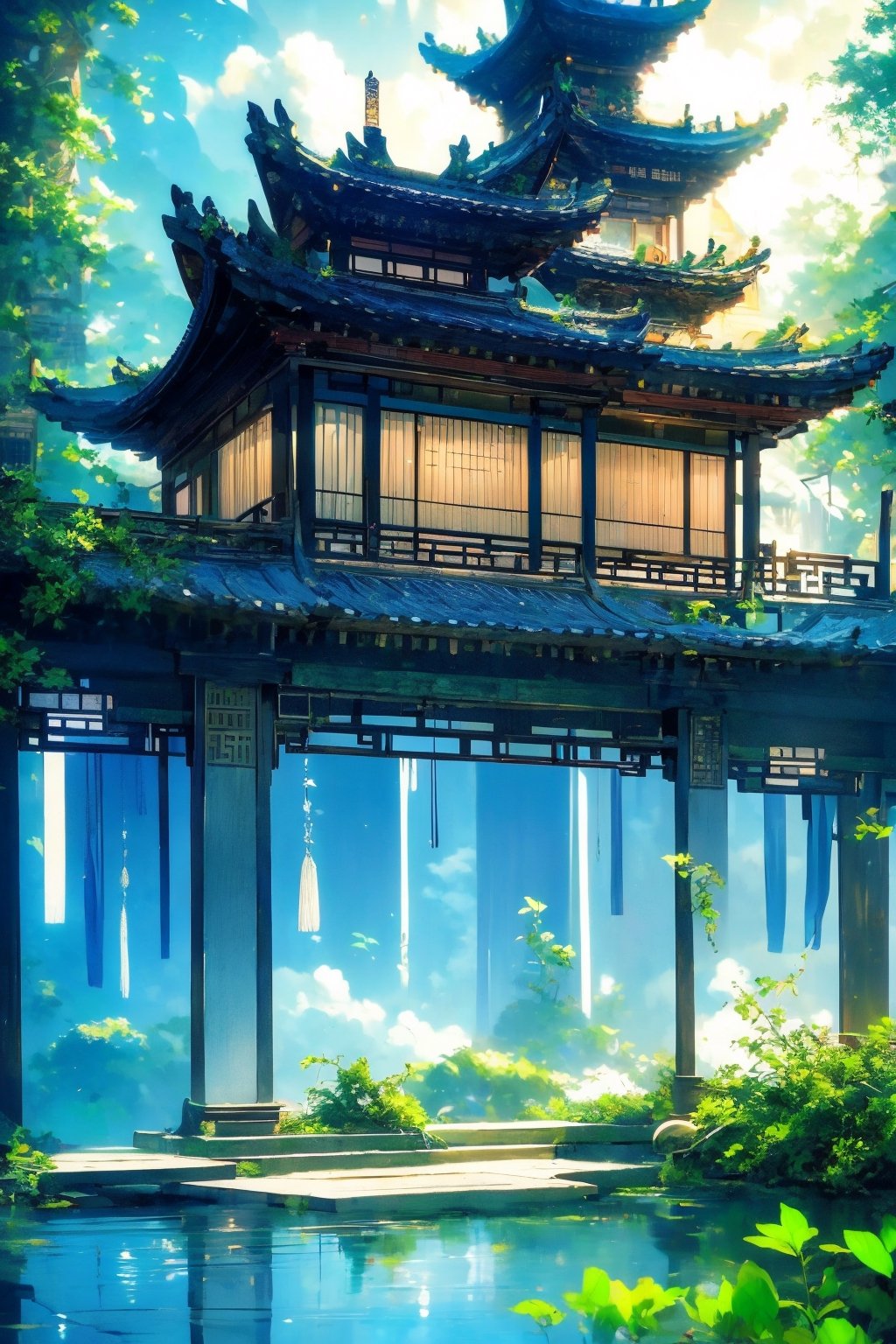 outdoors, sky, cloud, tree, no humans, building, scenery, reflection, lantern, stairs, architecture, east asian architecture,Chinese Architecture,blue moon, Surreal composition,Buildings scattered high and low,looking down from the sky, looking down, overlooking perspective,morning sky,Picture from top to bottom,Many green plants