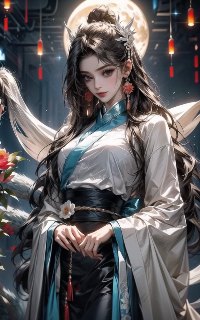 2 people, 1 female and 1male,face to face(extreamly delicate and beautiful:1.2), 8K, (tmasterpiece, best:1.0), , (LONG_HAIR_FEMALE:1.5), Upper body, a long_haired male, cool and seductive, evil_gaze, (wears white hanfu:1.2), and intricate detailing, and intricate detailing, finely eye and detailed face, Perfect eyes, Equal eyes, Fantastic lights and shadows、white room background、 Uses backlight and rim light,wind blowing hair,ancient chinese style,wears light blue hanfu,smile,perfect background ,walking on the lotus pond,lotus in the background, moon